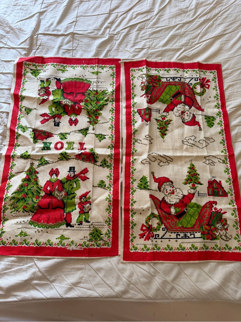 Vintage Christmas Linen Towels Set Santa Carolers Cross Stitch Print 50s/60s